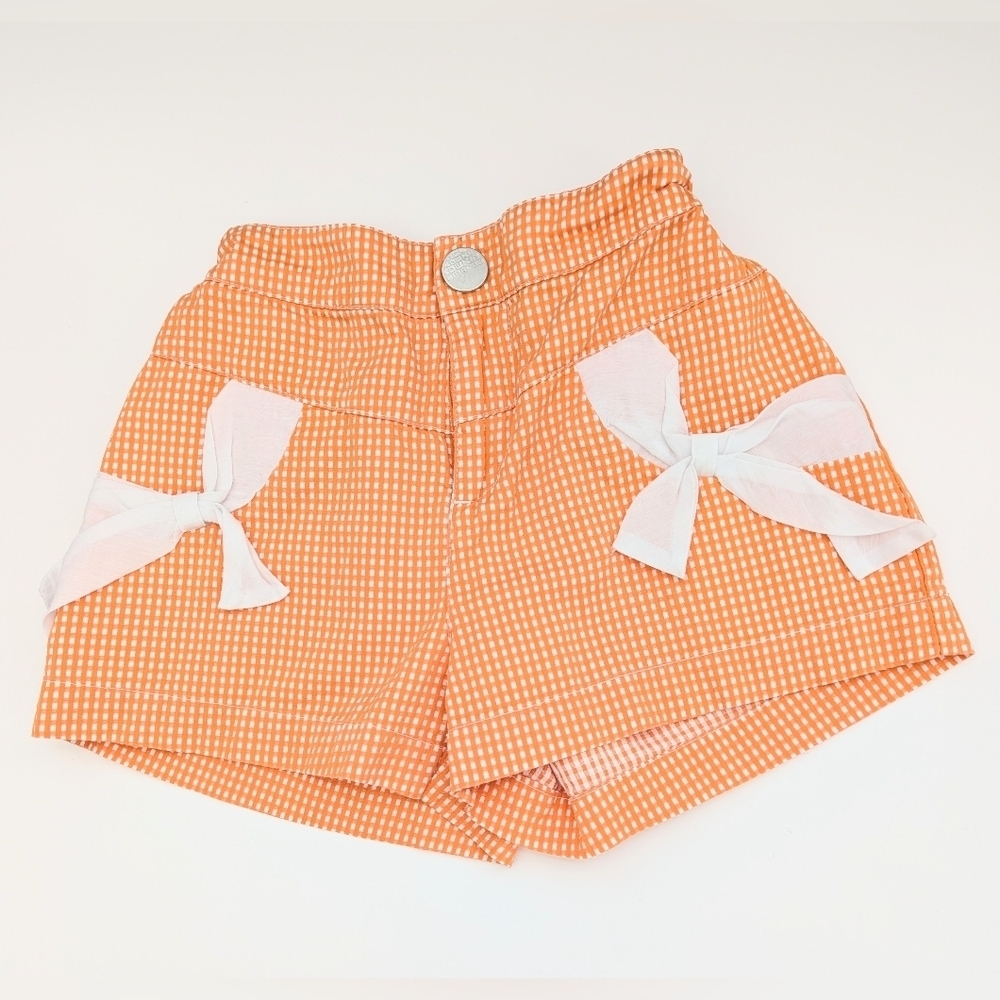Adorable Kids' Orange & White Lightweight Gingham Shorts with White Bow Accents